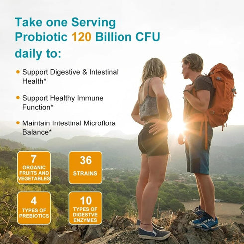 Probiotics 120 Billion CFU-36 Strains + Organic Prebiotics Complex + Digestive Enzyme Complex + Fruit & Veggie Complex, Ultimate Gut Health Suppor...