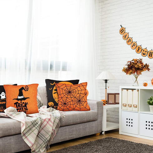 Whaline 4 Pieces Halloween Pillow Case, Orange and Black Pillow Cover, Happy Halloween Linen Sofa Bed Throw Cushion Cover Decoration (18" x 18")...