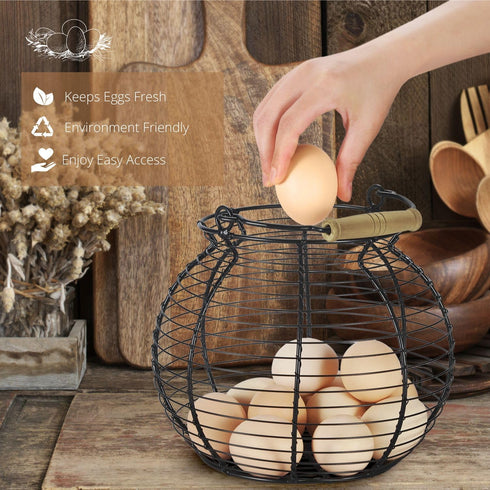 Flexzion Chicken Egg Basket Wire Egg Holder with Wooden Handles for Egg, Fruits, Vegetables Storage, Display Metal Mesh, Basket Holder Countertop ...