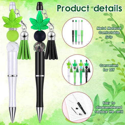 Teling 12 Pcs Beadable Pens Plastic Black Ink Ballpoint Pen with Assorted Spacer Beads Silicone Beads and Tassels and 12 Pcs Lobster Clasps for Of...