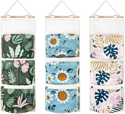 DILIBRA 3 Pack Wall Hanging Storage Bag, Tropical Over the Door Closet Hanging Organizer with 3 Pockets, Waterproof Linen Fabric Hanging Pocket fo...