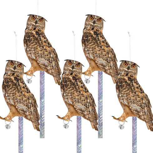 Owls to Keep Birds Away, 5 Pack Fake Owls with Reflective Tape for Garden Patio, Bird Scare Reflective Hanging Decoration to Keep Birds Pigeon fro...