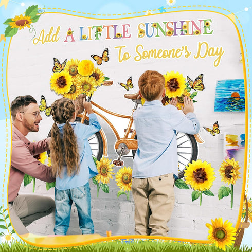 Summer Bulletin Board Decorations Set 3D Sunflowers Cutouts Bicycle Butterfly Leaves Paper Cutouts Classroom Decorations for Preschool Summer Home...