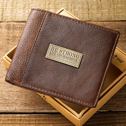 Christian Art Gifts Genuine Leather Wallet for Men | Strong and Courageous with Brass Inlay “ Deuteronomy 31:6 Bible Verse | RFID Quality Classic ...