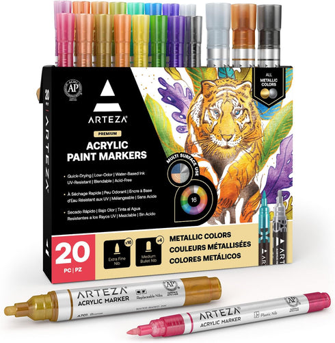 ARTEZA Metallic Acrylic Paint Markers – Set of 20 Paint Pens with Bullet & Wide Nibs for Glass, Rock, Ceramic, Plastic, Canvas, Wood & Fabric Proj...