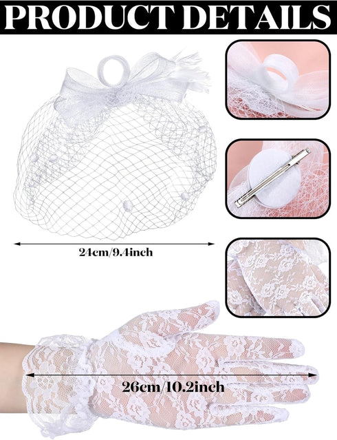 Geyoga 7 Pcs Fascinators Hat for Women Tea Party with Lace Gloves Pearl Necklace Bracelet Earrings Set for Hallween...