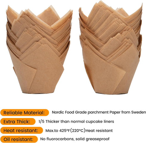 Nordic Paper 100pcs Large Size Natural Tulip Cupcake Liners for Baking, Large Muffin Liners, Cupcake Wrapper for Party, Christmas...