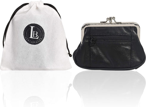 Women's Leather Metal Frame Double Clasp Zipper Coin Purse 5 1/4" x 3 1/4" (Black)...