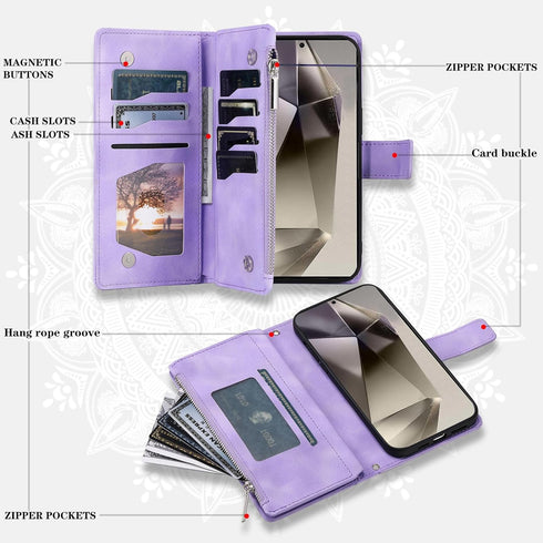 Phone Case for Samsung Galaxy S24 Ultra 5G Wallet Cover With Tempered Glass Screen Protector and Wrist Strap Mandala Flower Flip Zipper Card Holde...