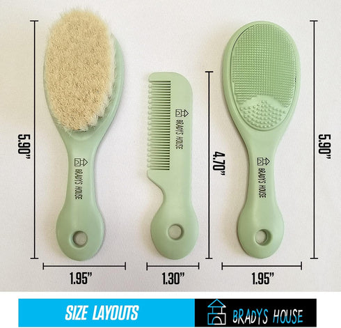 3 Piece Baby Hair Brush & Comb Set for Newborns- Soft Goat Bristle Hair-Brush, Silicone Bath Brush and Plastic Comb for Infant, Toddler, Kids - Ba...