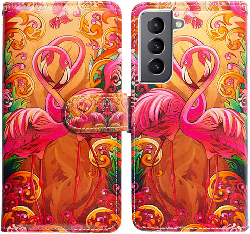 Case for Galaxy S21 Plus 5G, Pink Feathers Flamingos Leather Flip Phone Case Wallet Cover with Card Slot Holder Kickstand for Samsung Galaxy S21 P...