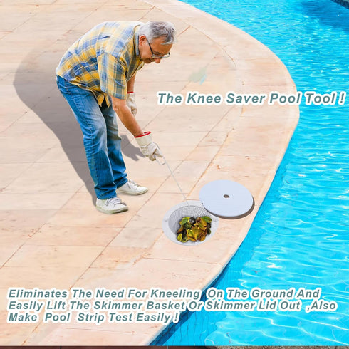 2 Set Pool Skimmer Basket Handle, 16" Stainless Steel Swimming Pool Skimmer Lid Lifting Hook with Pool Test Strip Holder Universal Skimmer Lid Lif...