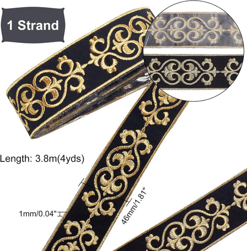 PH PandaHall 1.75 Inch Jacquard Ribbon, 4 Yards Hot Adhesive Floral Trim Black Gold Embroideried Lace Trim Woven Ribbon Fabric Trim Fringe for Sew...