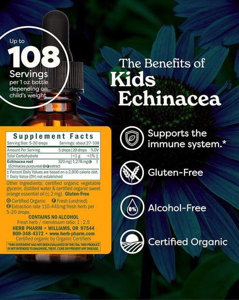 Herb Pharm Kids Certified-Organic Alcohol-Free Echinacea Glycerite Liquid Extract, 1 Ounce...
