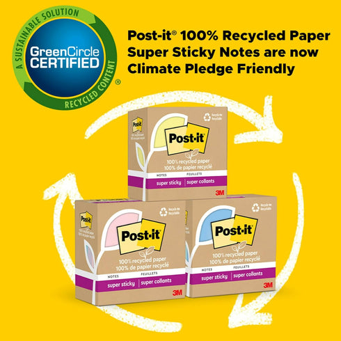 Post-it 100% Recycled Paper Super Sticky Notes, 2X The Sticking Power, 3x3 in, 12 Pads, 70 Sheets/Pad, Oasis Collection (654R-12SST)...