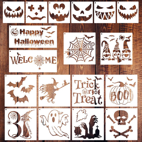 18 Pieces Halloween Stencils, Reusable Happy Halloween Ghost Bat Witch Pumpkin Stencils for Painting on Wood DIY Crafts Halloween Decorations (Sty...