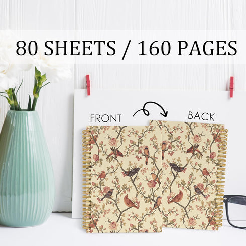Bird Flower Spiral Notebook, Floral Journal, Spring Bird Flowers 5.5"x8.3" 164pages Lined Journal Notebooks College Ruled, Gifts for Bird Lovers H...