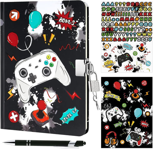 WERNNSAI Kids Diary Set for Boys Game Journal Kit - Kids Luminous Journal with Lock and Keys, Boys Game Diary, Video Game A5 Lined Writing Noteboo...