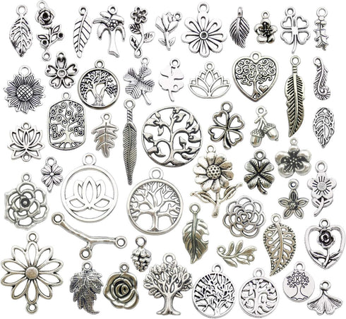 Youdiyla 100pcs Mix Silver Tree Flower Charms Collection, Bulk Mini Small Little Charms Metal Pendant Craft Supplies Findings for Necklace and Bra...