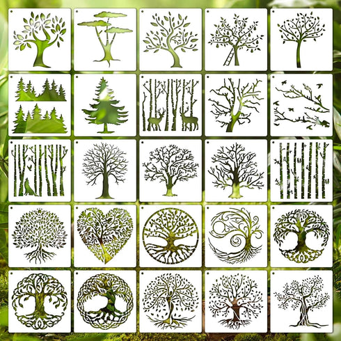 6 Inch Tree Stencils for Painting, Reusable Natural Plants Stencil, 25 Pieces Tree Drawing Template for Painting on Canvas Wood Wall Home Decor(Tr...