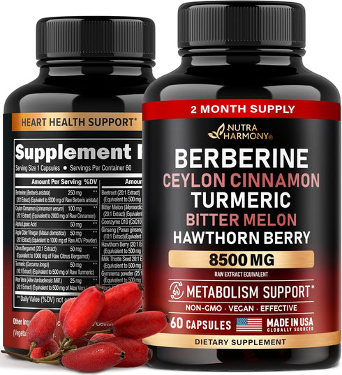 Berberine with Ceylon Cinnamon 10000 mg with Apple Cider Vinegar | Hawthorn Berry | Citrus Bergamot | Bitter Melon - 15-in-1 Supplement for Heart ...