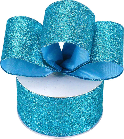 MEEDEE Blue Glitter Ribbon Blue Wired Ribbon 2.5 Inch Metallic Ribbon by 25 Yards Turquoise Ribbon Blue Christmas Ribbon Light Blue Ribbon for Chr...