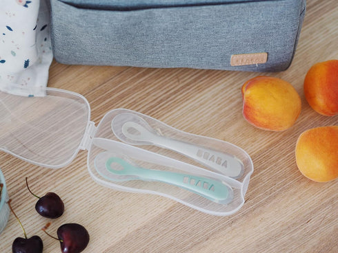 BEABA Toddler's Self-Feeding Spoon Set with Travel Case, Original Silicone Baby Spoons, Baby Essentials, Baby Spoons, Travel Set, Baby Gifts, Sage...