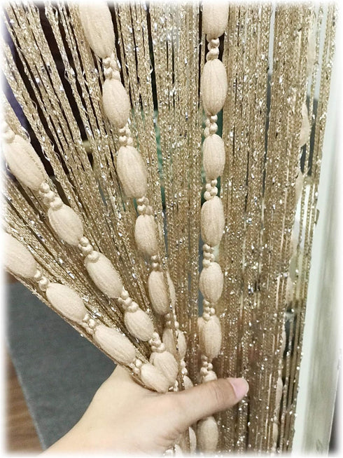 Door String Curtain Flat Silver Ribbon Thread with Shaggy Tassel Room Divider, 39’’x79’’, (Gold-style2)...