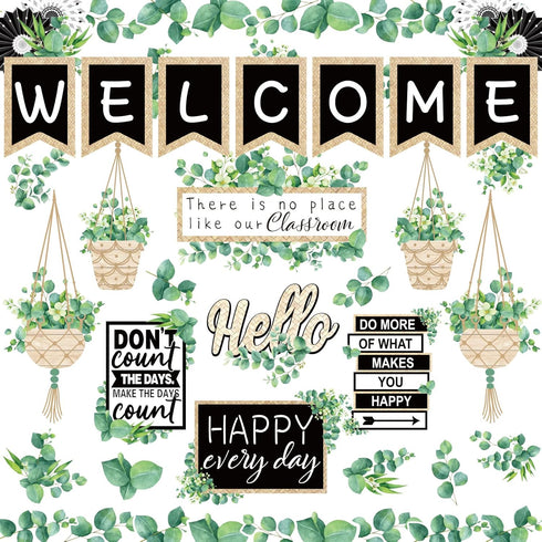 Whaline 29 Pieces Eucalyptus Bulletin Board Set Welcome Banner Simply Boho Bulletin Board Decor Boho Greenery Calendar Cutout Decorations for Back...