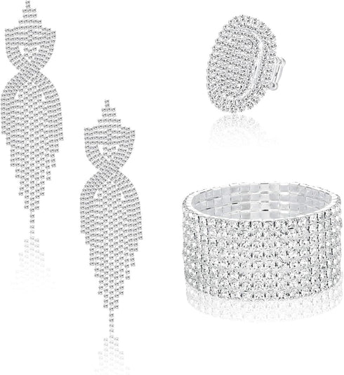 Sllaiss Rhinestone Bridal Jewelry Set for Women Sparkling Rhinestone Stretch Bracelet Ring Dangle Tassel Earrings Set Costume Jewelry...