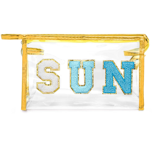 Y1tvei Clear SUN Makeup Bag - Preppy Blue SUN Chenille Varsity Letter Cosmetic Bag PVC Transparent Zipper Waterproof Beach Makeup Carry Pouch Port...