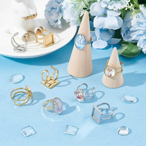 SUNNYCLUE 24Pcs DIY 12 Sets Finger Ring Blanks Ring Bezel Trays Adjustable Stainless Steel Ring Base Rings Blank Components Set Pad Ring Settings ...