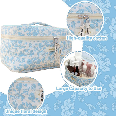2 Pcs Cotton Quilted Makeup Bag Cute Floral Makeup Bag Large Coquette Aesthetic Cosmetic Bag Kawaii Toiletry Bag for Women Girls...