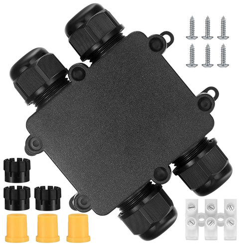 Waterproof IP68 Junction Box 4 Way, External Underground Electrical Junction Box, Black Outdoor Cable Connector Box for Diameter 4mm -10mm Wire Gl...