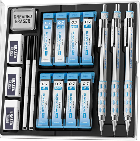 Nicpro 3 Pack Blocky Gear 0.7 mm Metal Mechanical Pencils Set with Case, Lead Drafting Pencil with 8 Tube (480PCS) Lead Refills(HB 2B), 4 Erasers,...