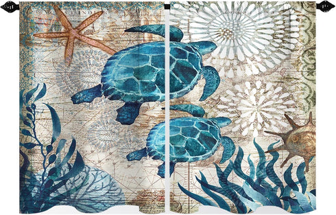 Nautical Blue Sea Turtles Beach Short Kitchen Window Curtains Ocean Starfish Half Bathroom Curtain for Bedroom Set of 2 Panels 27.5 W x 39 L Inche...