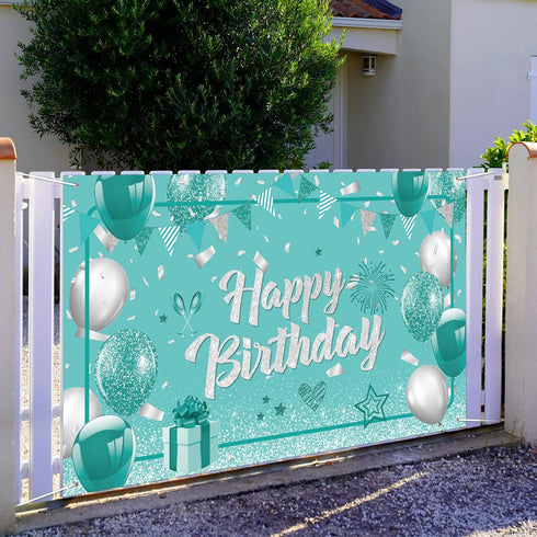 Teal and Silver Birthday Banner - Turquoise Green Party Decorations, Mint Blue Backdrop for Girls Boys Baby Shower, Glitter Party Supplies 71 x 44...
