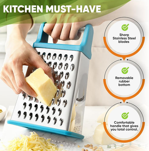 Spring Chef Handheld Stainless Steel XL Parmesan Cheese Grater with Handle - 4 Sided Metal Box Grater for Kitchen - Dishwasher Safe Potato Shredde...