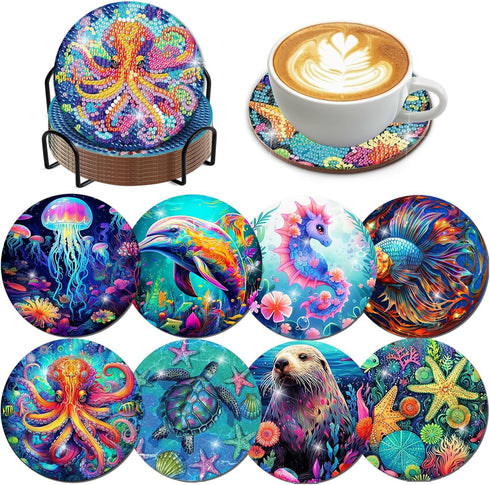 croshom 8 Pcs Ocean Creatures Diamond Art Painting Coasters Kits with Holder Ocean Creature Diamond Art Coaster with Cork Bases for Adults Diamond...