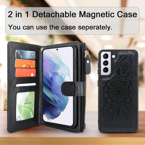 Harryshell Detachable Magnetic Zipper Wallet Leather Case Cash Pocket with 12 Card Slots Holder Wrist Strap for Samsung Galaxy S21+ S21 Plus 5G 6....