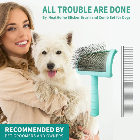 Large Firm Slicker Brush & Pet Comb Value Kit,Extra Long Pin Slicker Brush for Dogs Goldendoodles,Large Dog Pet Grooming Wire Brush and Deshedding...
