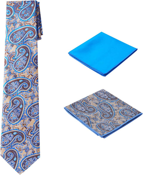 Men's Woven Paisley Regular Length Neck Tie with 2 Handkerchief Pocket Squares Hanky Set - Taupe Blue...