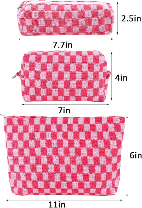 3Pcs Checkered Makeup Bag for Women Large Cosmetic Bag Set Travel Toiletry Bag Makeup Pouch Bag for Purse Pink Zipper Storage Bag Organizer Cute S...