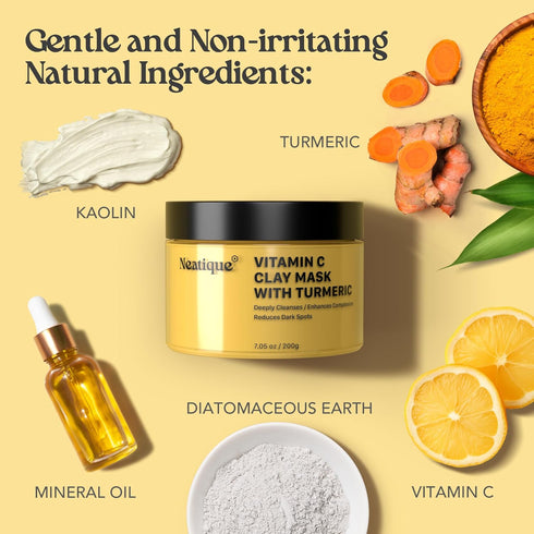 Neatique Vitamin C Clay Mask - 7.05 Oz Turmeric Face Masks Skincare, Deep Cleaning and Detox for Facial Mask- Repairing Uneven Skin Tone, Enhances...