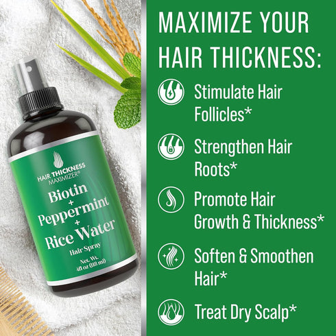 Biotin + Peppermint Oil + Rice Water Spray For Hair Growth. Vegan, Leave In Conditioner Serum Spray For Women, Men. Thickening, Moisturizing, Stre...