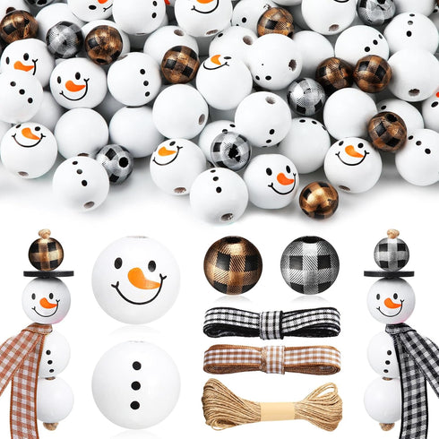 180 Pieces Christmas Snowman Wooden Bead Winter Wooden Bead Christmas Buffalo Plaid Wood Round Bead Christmas Print Wooden Beads with DIY Twine Sc...