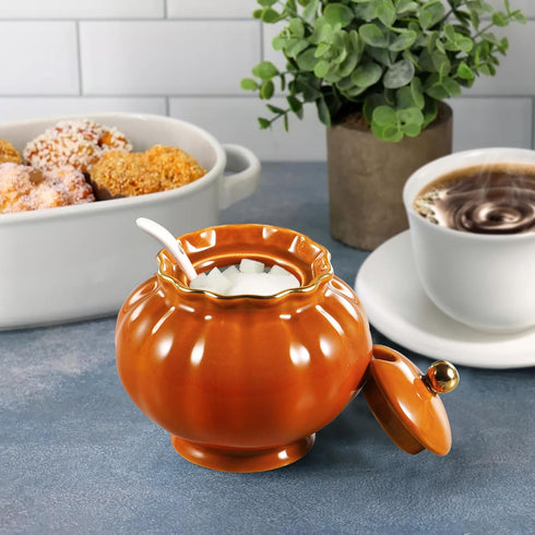 Ceramic Covered Salt Bowl Sugar Container Spice Box Seasoning Jar with Lid and Spoon for Home and Kitchen Coffee Bar, 9 OZ, Orange...