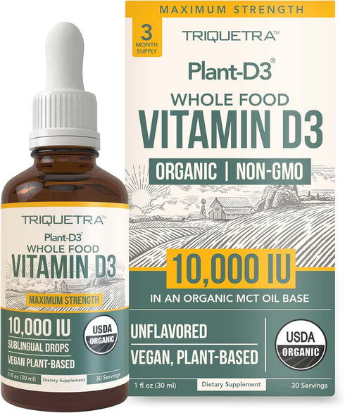 Organic Vitamin D3 10,000 IU - Plant D3, Vegan, Max Strength Sublingual Liquid D3 Drops - 200% Higher Absorption, 100% Plant-Based Cholecalciferol...