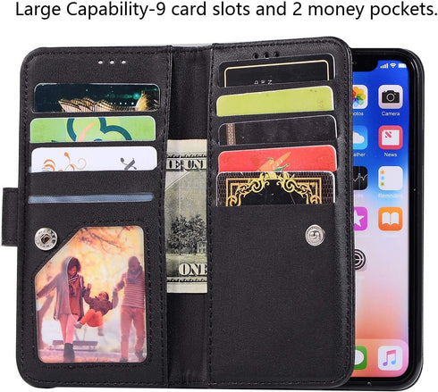 EYZUTAK Wallet Case for iPhone Xs iPhone X,Magnetic Handbag Zipper Pocket PU Leather Flip with 9 Card Slots and Wrist Strap Folio TPU Inner Stand ...
