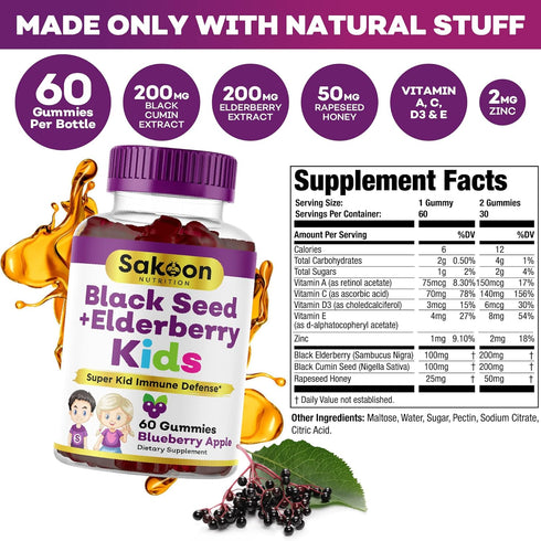 Elderberry & Black Seed Oil Gummies for Kids, Immune Support, with Vitamin C and Zinc, Delicious Berry Flavor, 60 Gummies...